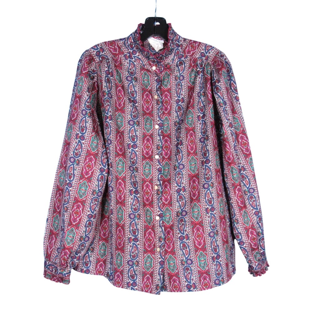 VTG DONNKENNY Maroon/Multi SATIN Button-Up SMOCKED COLLAR/CUFF Blouse Top 38/18